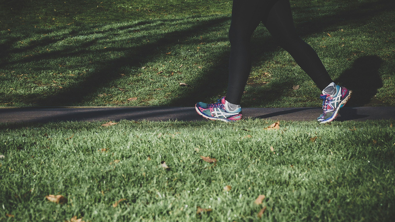 Person's feet walking in a park